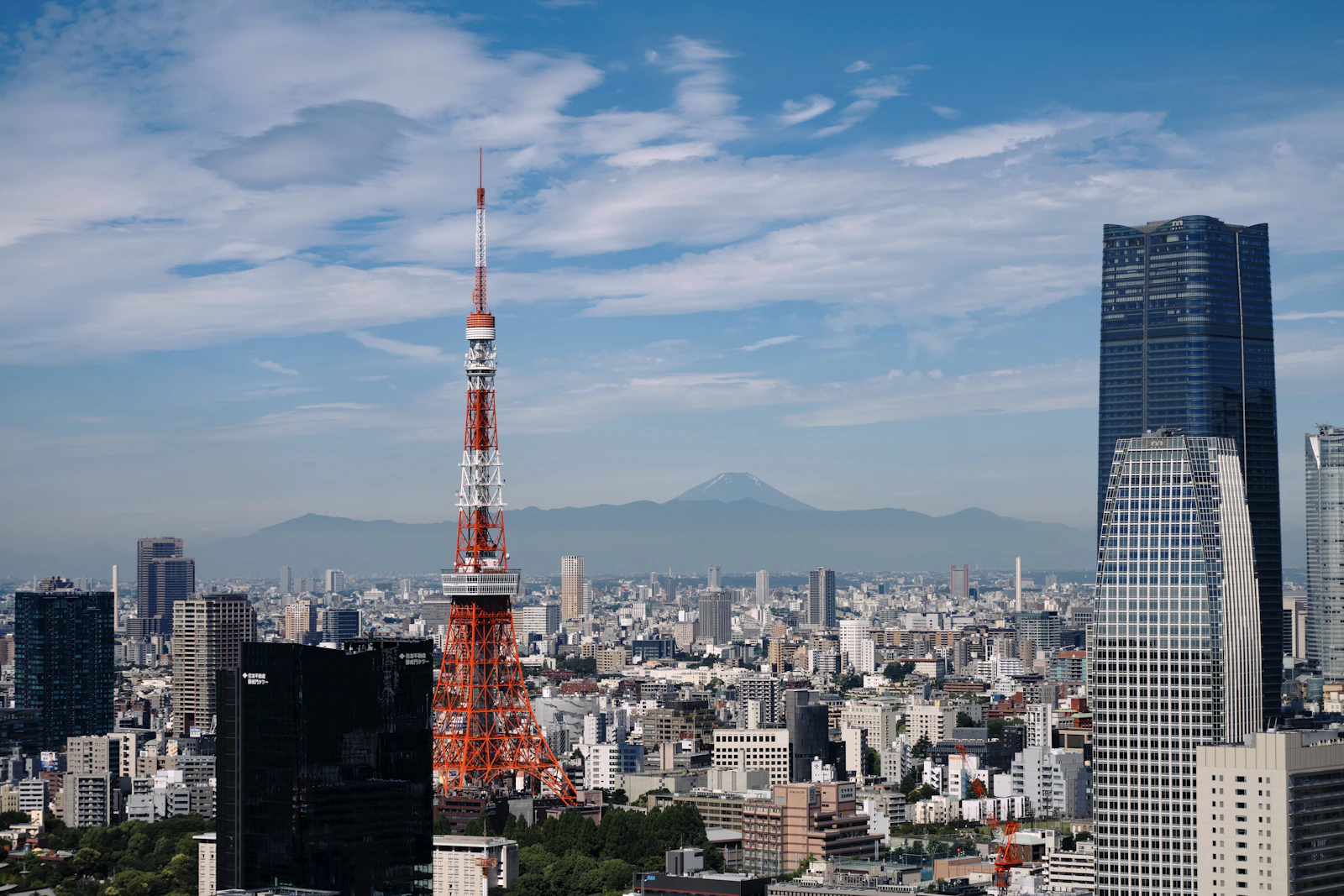 東京タワーと都心の建物、遠景に望む富士山
